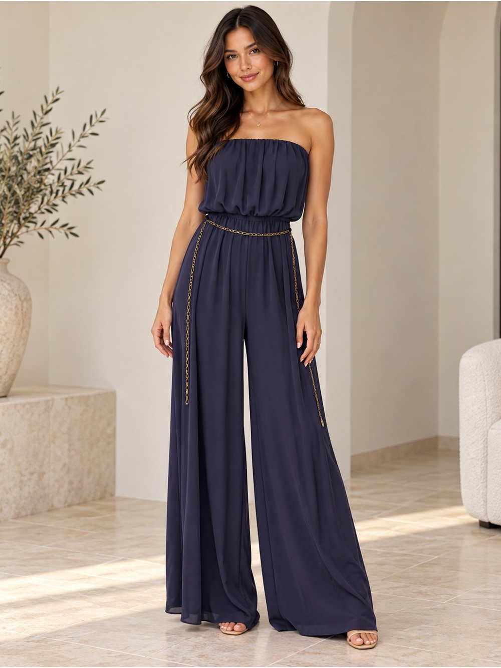 Navy Strapless Wide-Leg Jumpsuit with Gold Chain Belt - Picture 2 of 4